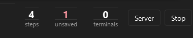Run counters: 4 steps, 1 unsaved, 0 terminals, with Server and Stop buttons.