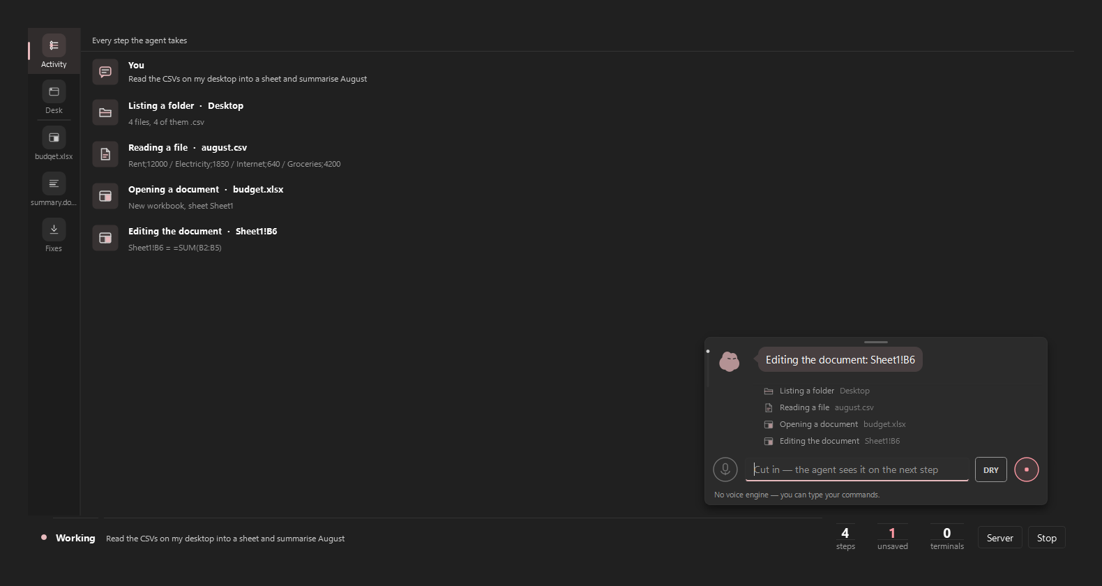 Doppel's app, full frame: the activity list of real agent steps — reading CSVs, opening and editing a spreadsheet — beside the floating command bar and the run counters.